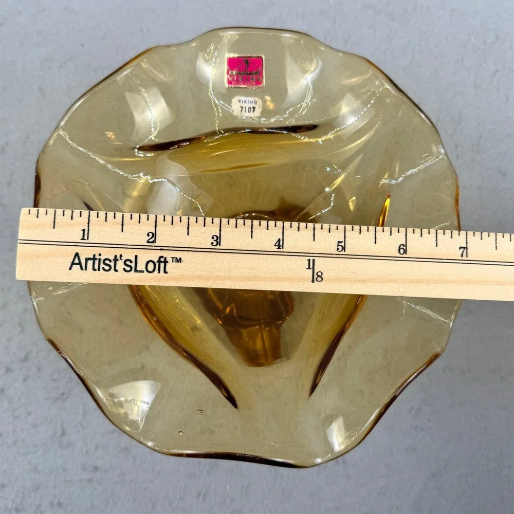 Viking Glass 7107 Amber Ruffled Hand Made Three Footed Compote‎ Bowl MCM